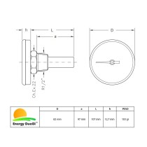 Termometro bimetallico 0 a 120 °C,  Ø 80 completo di pozzetto lunghezza 10 cm