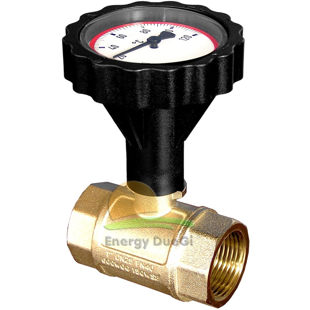 Valvola a sfera per alte temperature con termometro ROSSO e valvola di non ritorno da 1" F, temperatura 0-120 °C