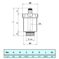 Valvola sfiato aria automatica per impianti solari da 1/2" M, temperatura massima 180° C