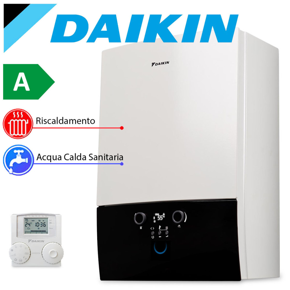 Caldaia a condensazione murale Daikin 28 kW ultracompatta, con termostato, per riscaldamento e produzione ACS