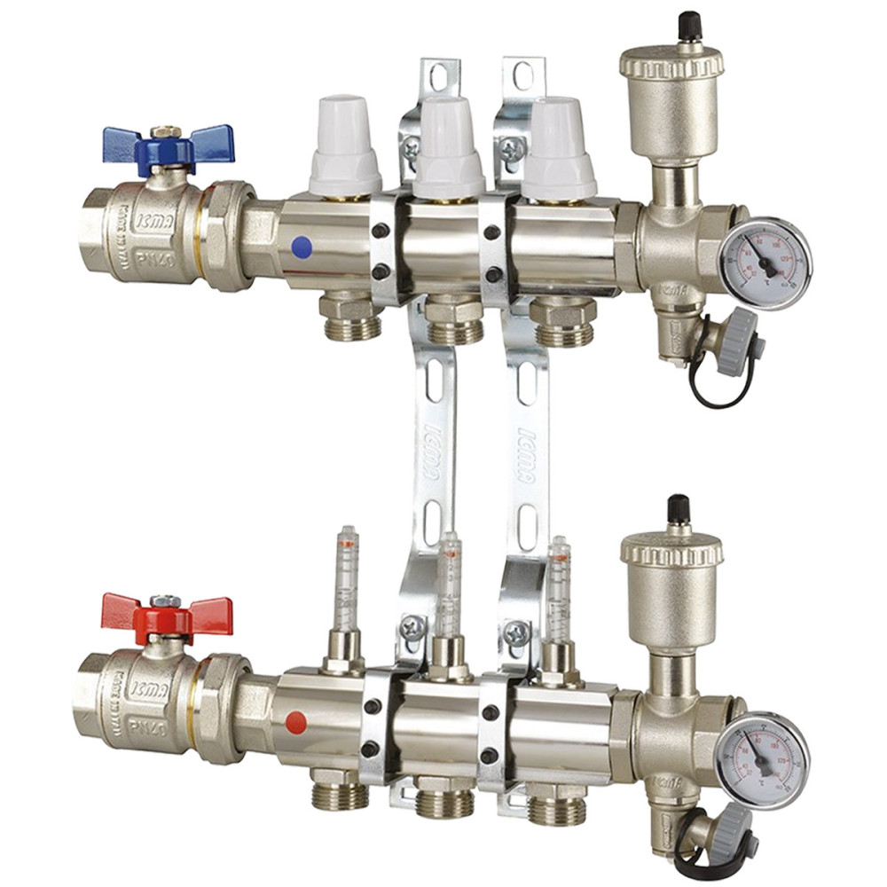 Collettore di distribuzione da 1" con 3 vie per impianti radianti a pavimento