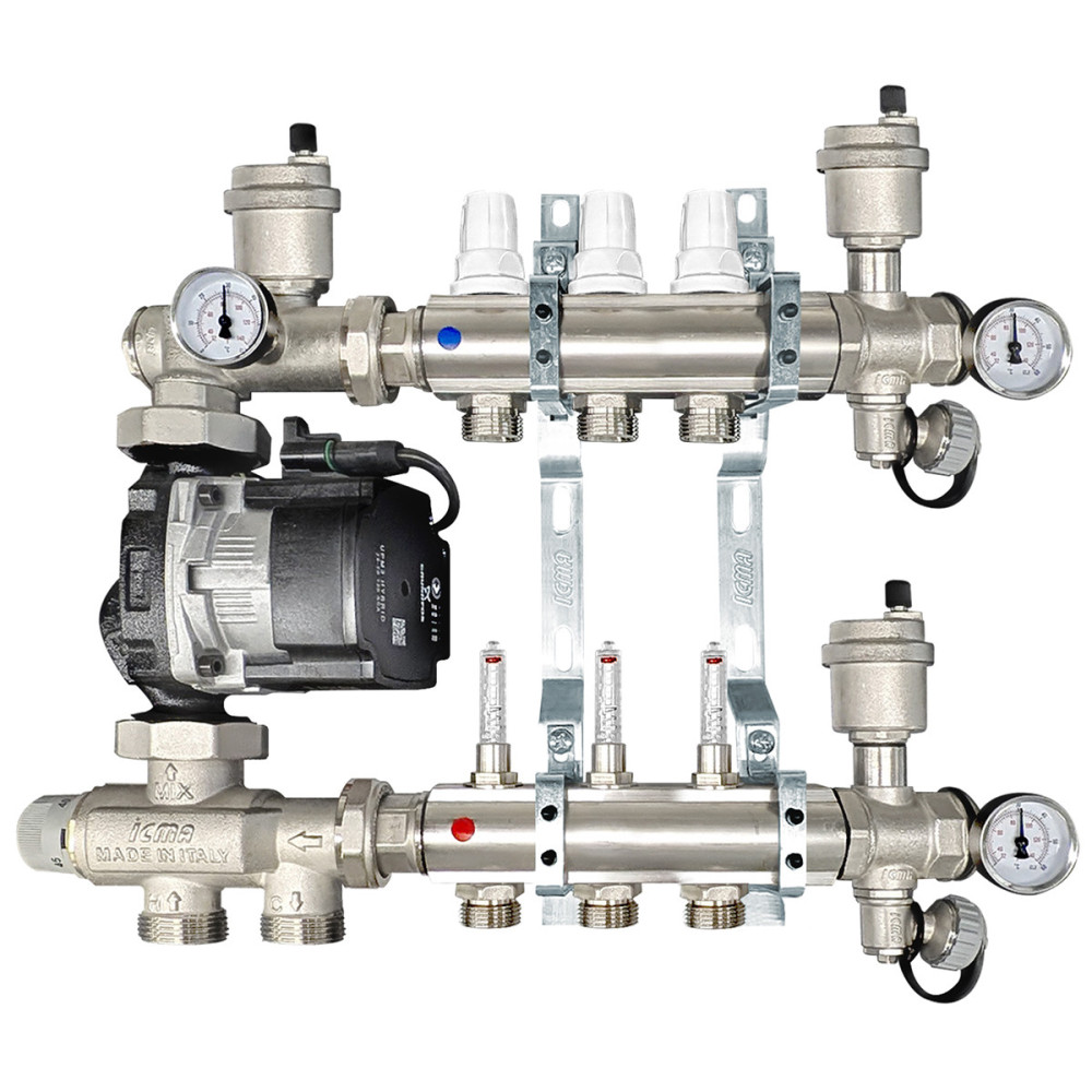 Collettore di distribuzione da 1" con 3 vie con gruppo di miscelazione a punto fisso per impianti radianti