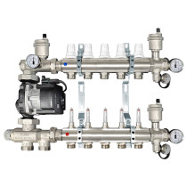 Collettore di distribuzione da 1" con 5 vie con gruppo di miscelazione a punto fisso per impianti radianti