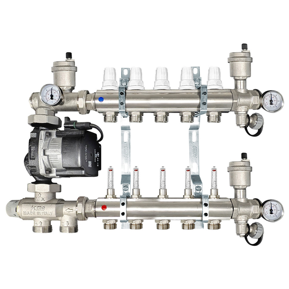 Collettore di distribuzione da 1" con 5 vie con gruppo di miscelazione a punto fisso per impianti radianti