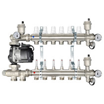 Collettore di distribuzione da 1" con 6 vie con gruppo di miscelazione a punto fisso per impianti radianti