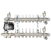 Collettore di distribuzione da 1" con 8 vie con gruppo di miscelazione a punto fisso per impianti radianti
