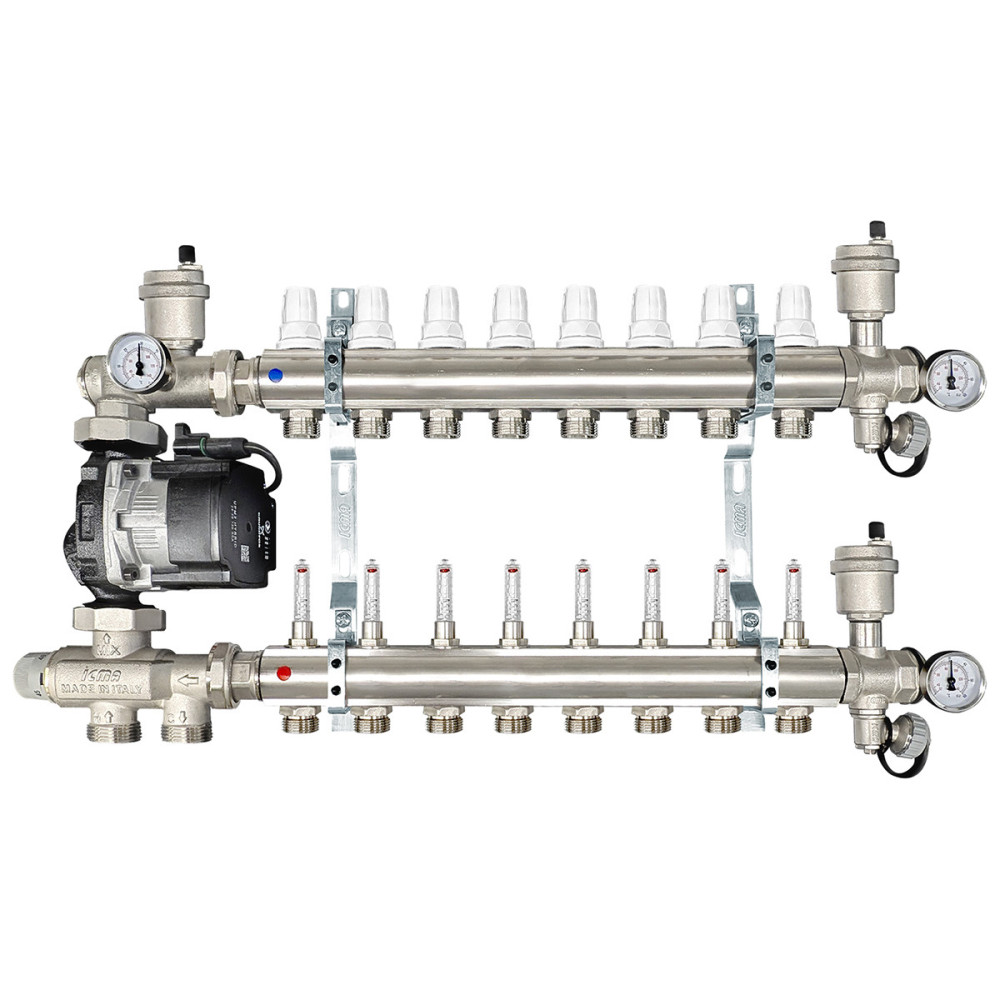 Collettore di distribuzione da 1" con 8 vie con gruppo di miscelazione a punto fisso per impianti radianti