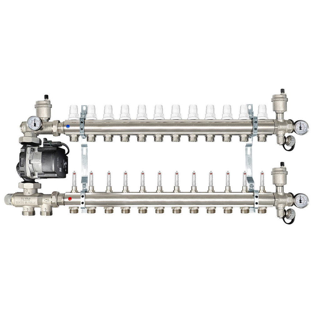 Collettore di distribuzione da 1" con 12 vie con gruppo di miscelazione a punto fisso per impianti radianti