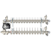 Collettore di distribuzione da 1" con 13 vie con gruppo di miscelazione a punto fisso per impianti radianti
