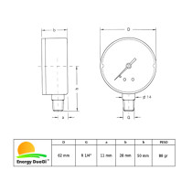 Manometro a molla bourdon con attacco radiale da 1/4" scala 0-10 Bar / 0-145 PSI  Ø 62 mm