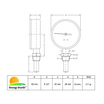 Termostato attacco radiale da 1/2" bulbo da 43 mm, scala 0-120 °C