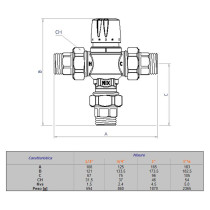 Valvola miscelatrice termostatica sanitaria, 3/4" M a bocchettoni, campo di regolazione 30-65 °C