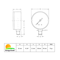 Manometro a molla bourdon con attacco radiale da 1/4" scala 0-16 Bar  Ø 52 mm