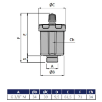 Valvola sfiato aria automatica da 3/8" M, temperatura massima 110° C