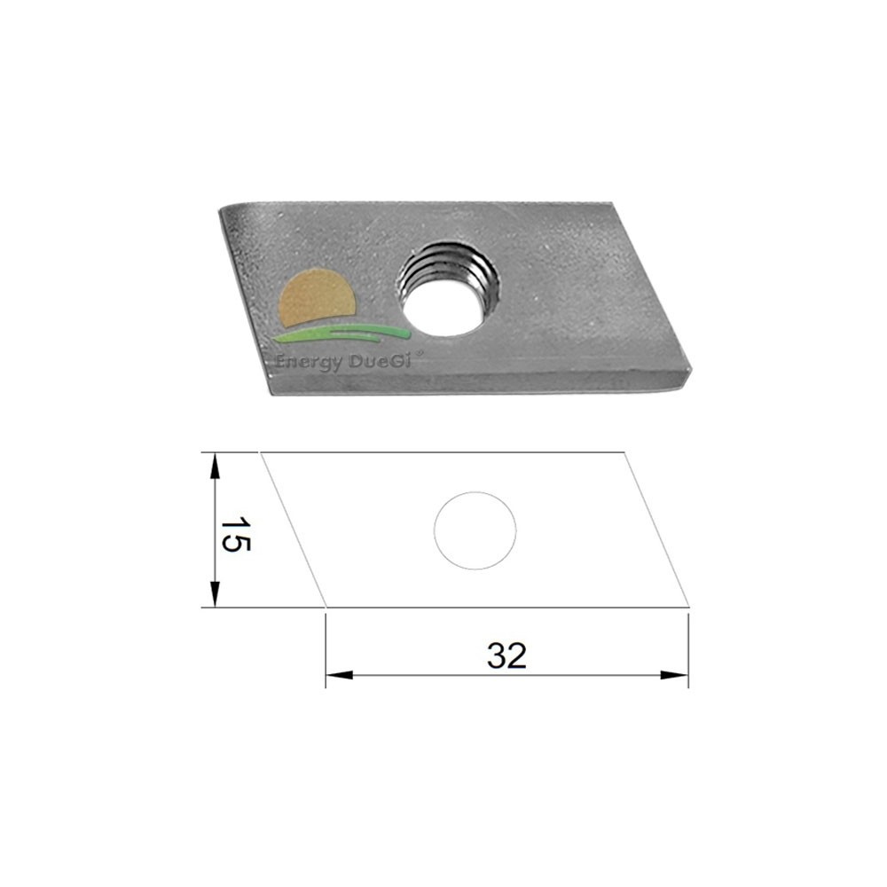 Tassello scorrevole per fissaggio componenti fotovoltaico, 30 x 15 x 5 mm, filettatura M8