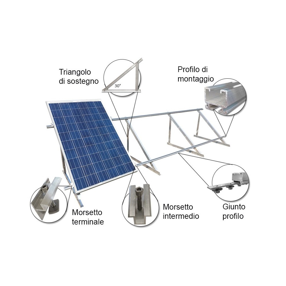 Struttura di montaggio  a 30° fissa per tetto piano per 4 pannelli fotovoltaici verticali