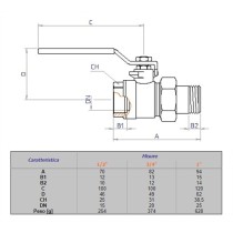 Valvola a sfera con maniglia a leva a passaggio integrale M/F in ottone da 3/4" con raccordo, temperatura massima 95° C.