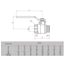 Valvola  a sfera con maniglia a leva  a passaggio integrale  M/F  in ottone da 1" 1/2 , temperatura massima 150° C