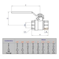 Valvola a sfera con maniglia a leva a passaggio integrale F/F in ottone da 1/2", temperatura massima 150° C