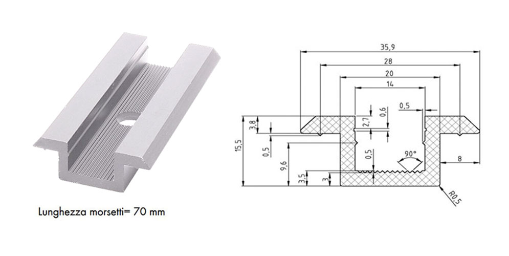 Morsetto Intermedio ad omega in alluminio per pannelli fotovoltaici,  lunghezza 70 mm